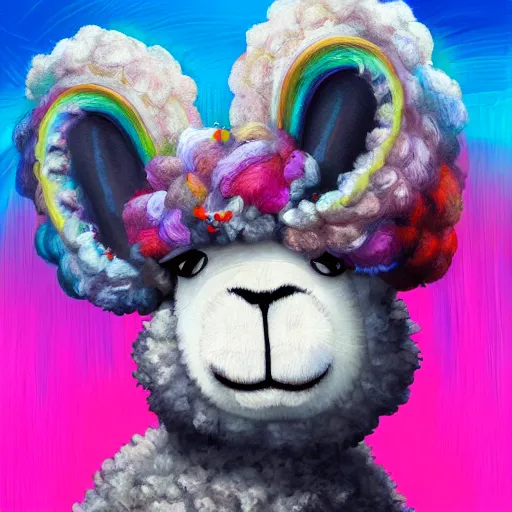 Image similar to cute wooly sheep with long fluffy bunny rabbit ears and colorful mohawk hairstyle hybrid animal detailed painting 4 k