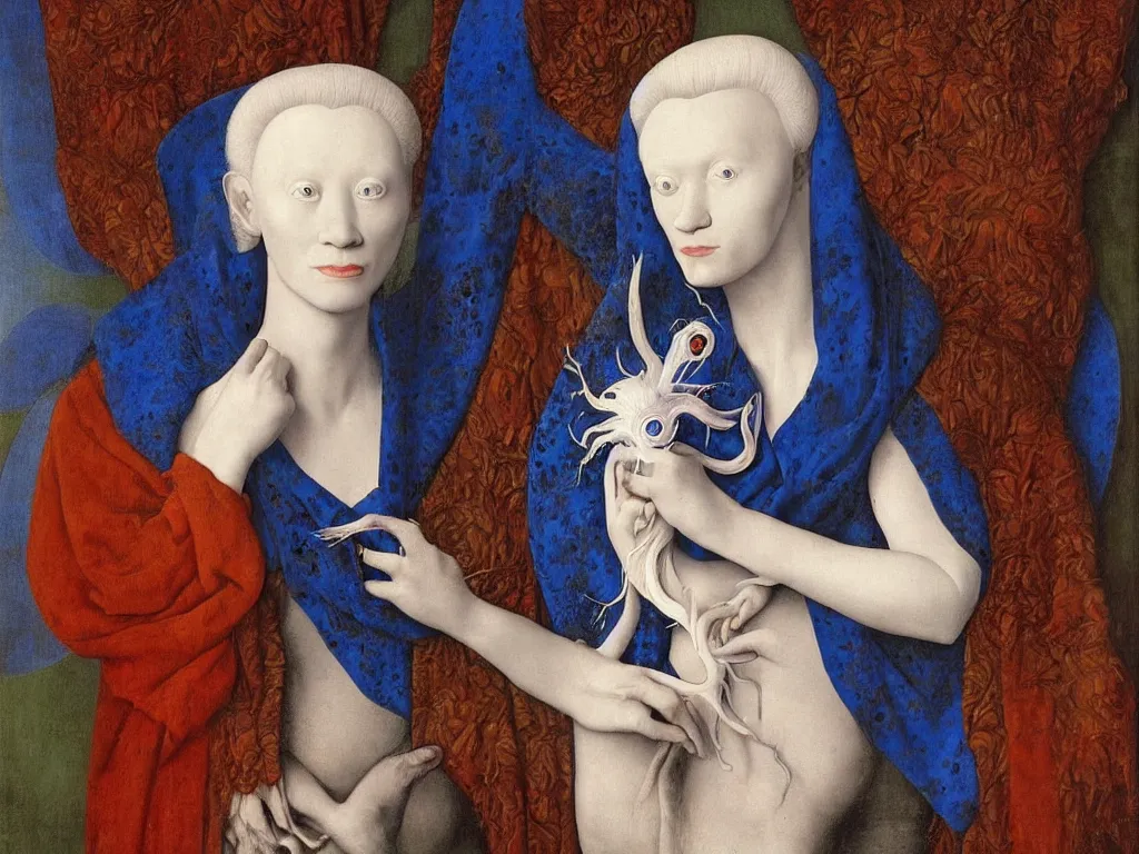 Image similar to Portrait of albino mystic with blue eyes, with beautiful exotic flabellina iodinea. Painting by Jan van Eyck, Audubon, Rene Magritte, Agnes Pelton, Max Ernst, Walton Ford