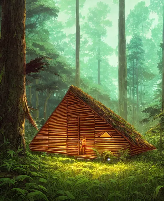 Image similar to a large, simple, cabin made from leaves, overgrown with huge exotic fungus, deep in the woods, sun drenched, partly cloudy, by dan mumford, yusuke murata, makoto shinkai, ross tran, cinematic, unreal engine, cel shaded, featured on artstation, pixiv