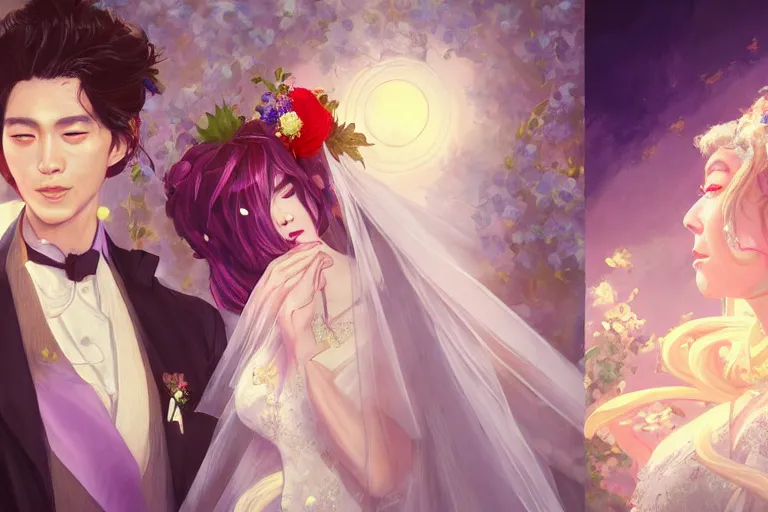 Image similar to a cinematic portrait of wedding photograph jpeg close up moment of a divine a japan sun god and moon goddess lovers magician at a wedding banquet. portraiture. digital painting. artstation. concept art. wedding photo. digital painting. violet evergarden art masterpiece by art by krenz cushart