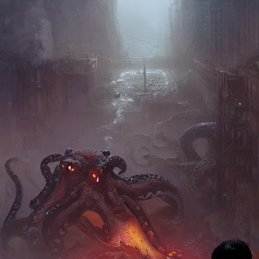 Image similar to ted cruz as a hideous octopus monster, destroys a city, greg rutkowski