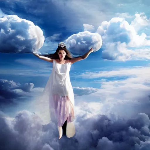 Prompt: goddess wearing a cloud fashion on the clouds, photoshop, colossal, creative, giant, digital art, photo manipulation, clouds, sky view from the airplane window, covered in clouds, girl clouds, on clouds, covered by clouds, a plane, plane window point of view