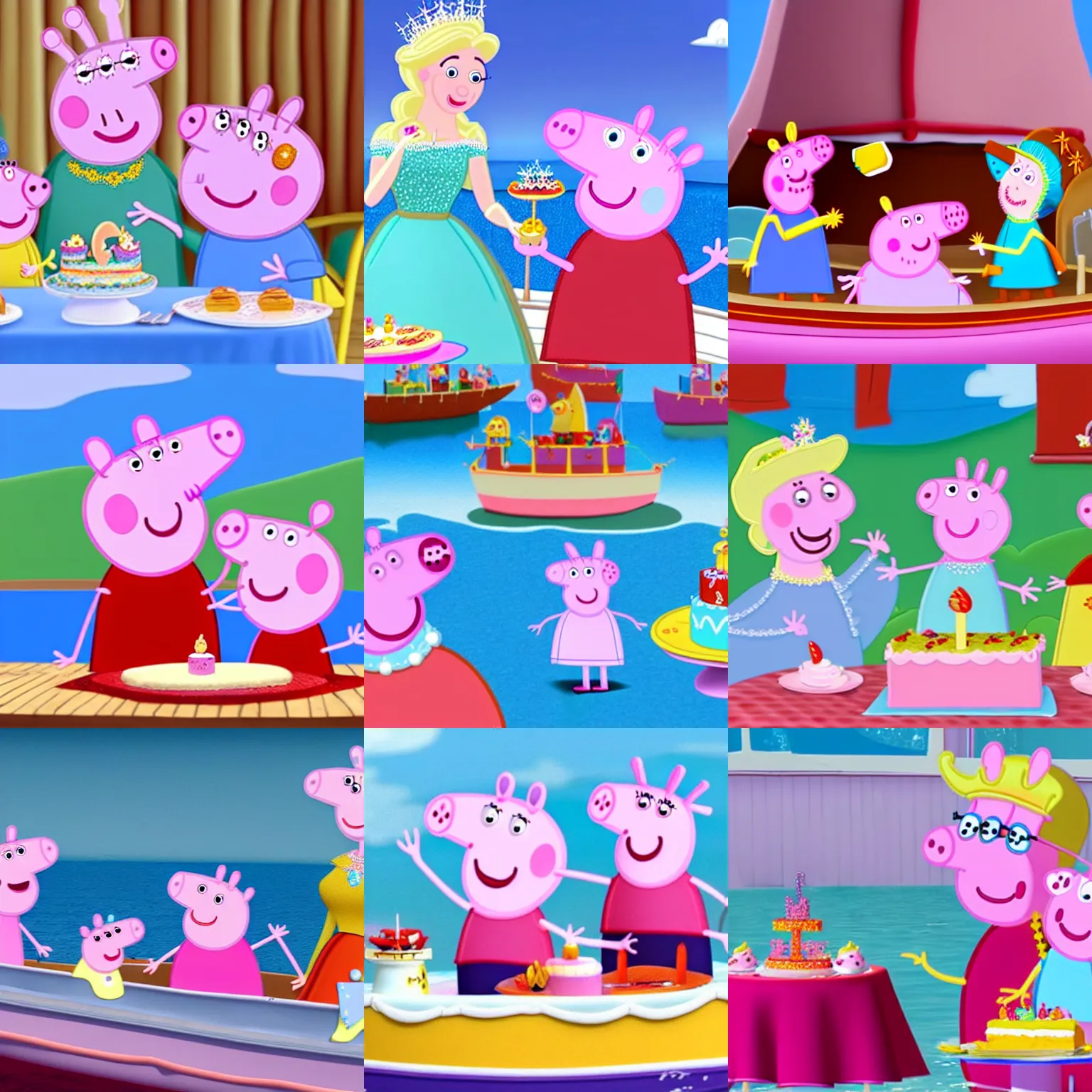 Prompt: peppa pig and elsa eating cake on a boat. still of an animated cartoon. highly detailed, 4 k.