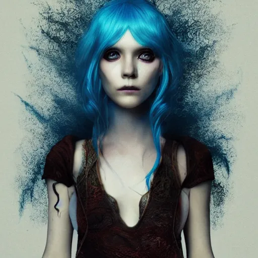 Prompt: portrait of young girl half dragon half human, dragon girl, dragon skin, dragon eyes, dragon crown, blue hair, long hair, highly detailed, cinematic lighting, by Tim Burton and Robert Eggers