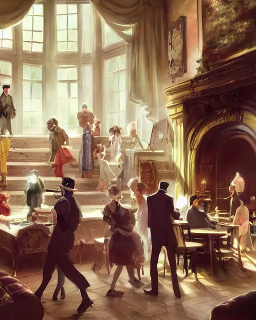 Prompt: craig mullins and ghibli digital painting of a 1 9 2 0 s grand party in a beautiful mansion, many partygoers, unreal engine, hyper realism, realistic shading, cinematic composition, realistic render, octane render, detailed textures, photorealistic, ultrawide shot, 3 5 mm film