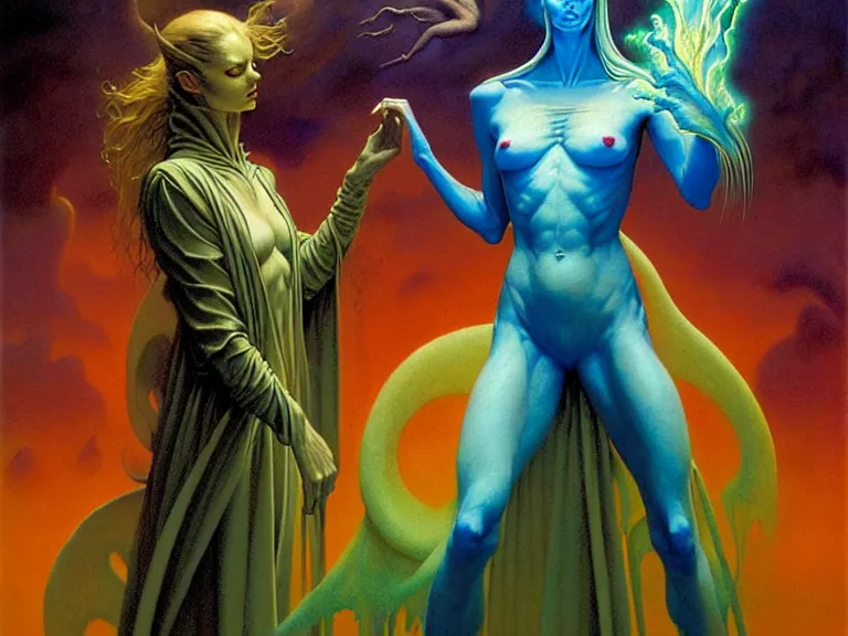 Prompt: the female arcanist and the male artificer by boris vallejo and roger dean and brom and zdzisław beksinski and greg staples and louis janmot, beautiful, flowing magical robe, highly detailed, hyperrealistic, intricate, energy, electric, blue flame, low light, green crystal, high contrast, old and young, lifelike