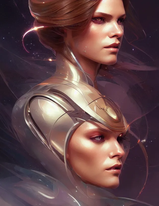 Image similar to futuristic woman portrait, sci-fi, amber eyes, face, long hair, fantasy, intricate, elegant, highly detailed, digital painting, artstation, concept art, smooth, sharp focus, illustration, art by artgerm and greg rutkowski and alphonse mucha