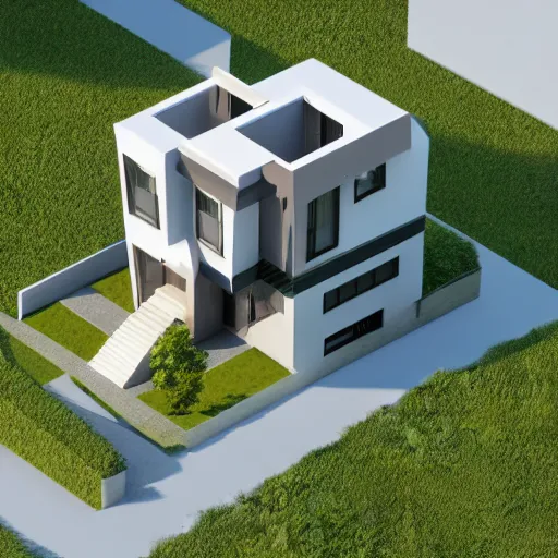 Image similar to isometric render of a beautiful modern home designed for aesthetics, energy efficiency and foliage, cg render, high resolution, professional