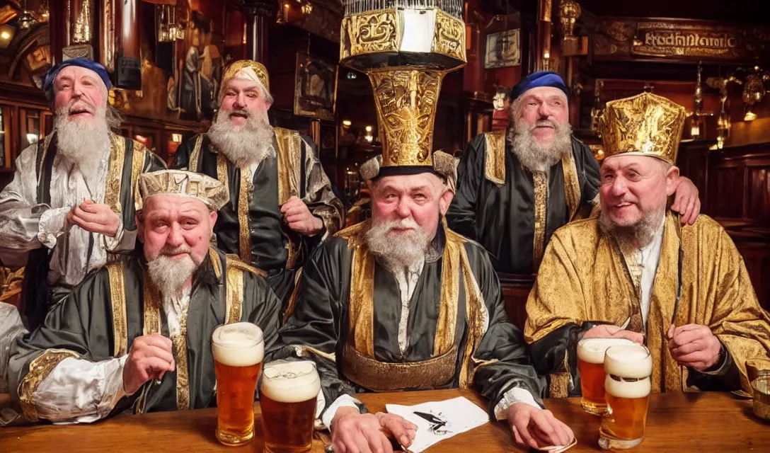 Image similar to the three wise men in period regal clothing in a wetherspoons pub having a pint