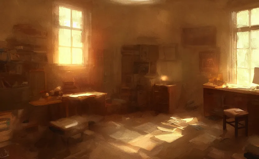 Image similar to a tidy study interior painting by Craig Mullins, octane rendering, warm moody lighting, wide angle lens, low view, in the style of Pixar animation, trending on artstation,