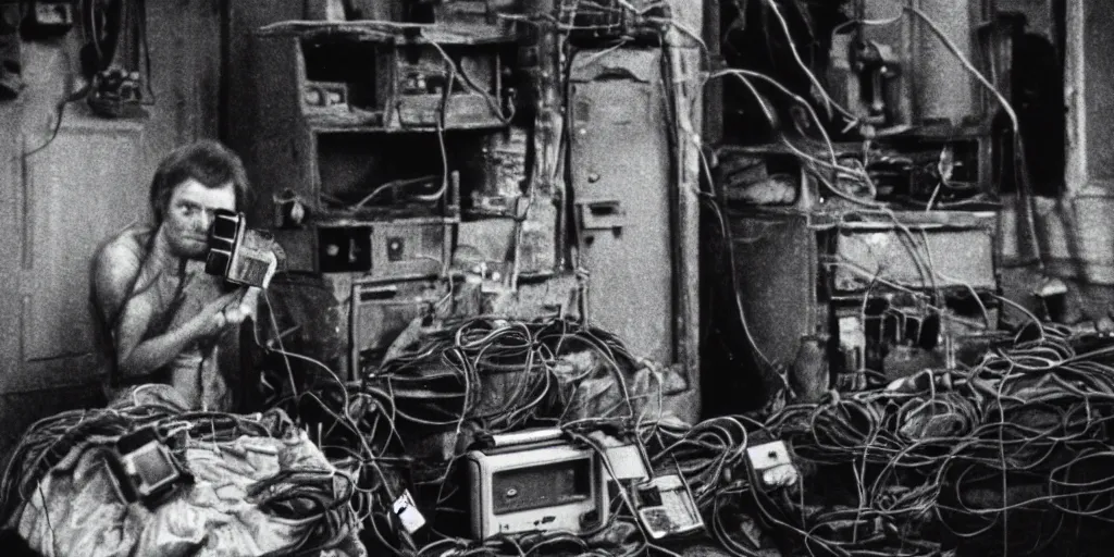 Image similar to detailed medium format photo, polaroid still from tarkovsky movie, a human trash panda character, holding a box of cables and standing next to old electronic equiptment, haze, high production value, intricate details, 8 k resolution, hyperrealistic, hdr, photorealistic, high definition, technicolor, award - winning photography, masterpiece, black and white