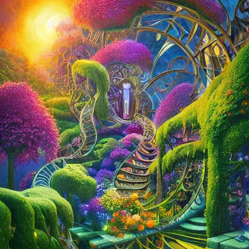 Image similar to cosmic garden ridge nature photography intricate details fantasy art nouveau weird by artgerm, frank gehry, evgeny lushpin, m. c. escher, rhads, john howe, lisa frank, greg rutkowski