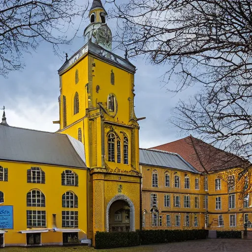 Image similar to a large yellow building with a steeple on top of it, a flemish baroque by karl stauffer - bern, unsplash, heidelberg school, panorama, wimmelbilder, nikon d 7 5 0