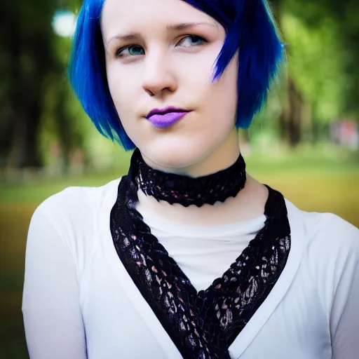 Prompt: Portrait of an unconventionally attractive young woman with short blue hair and a choker, portrait photography, upper body image, 35mm f/1.4, iso 100