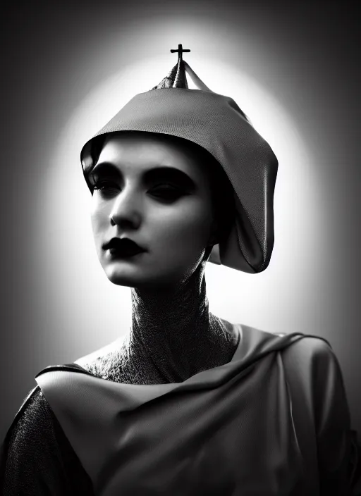 Prompt: surreal mythical dreamy dark artistic black and white fine art fashion portrait photo of a young beautiful delicate female robot - nun, spiritual, halo, glory, rim light, cinematic, studio dramatic light, poetic, masterpiece, octane render, 8 k, photo - realistic by gustave dore william black