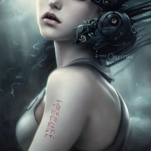 Image similar to By Tom Bagshaw, ultra realist soft painting of an attractive cyberpunk anime female fully body armored with thin lustrous long hair floating, photorealistic eyes render looking at camera, curiosities carnival, symmetry accurate features, very intricate details, focus, dark fantasy background black and white