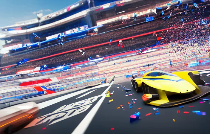 Prompt: wide angle shot of a futuristic racetrack from the attendee stands with confetti on a sunny day with a clear blue sky and big tv screens in the background showing the car race, cyberpunk, profile shot, digital painting, good value control, unreal engine 5, 8 k, fourze, realistic textures, wipeout 2 0 4 8, f - zero