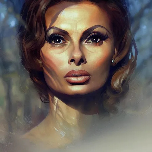 Image similar to closeup portrait of a young sophia loren, elf ears, forest background, megacity, high fantasy, dramatic light, gorgeous view, depth, high detail, digital art, painted by greg rutkowski, trending on artstation