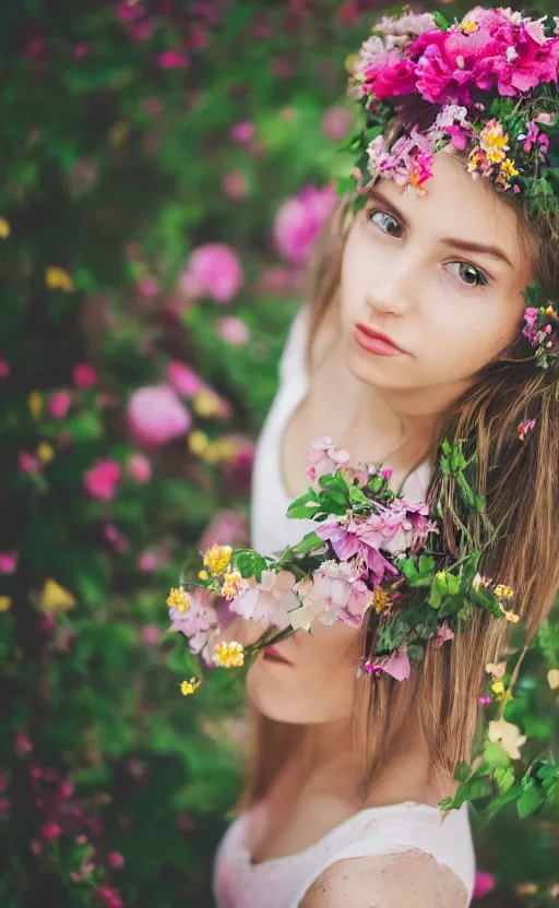 Image similar to portrait of a beautiful young girl with A LOT of flowers in her hair, beautiful composition, modern color palette, 50mm f1.8, ambient light,