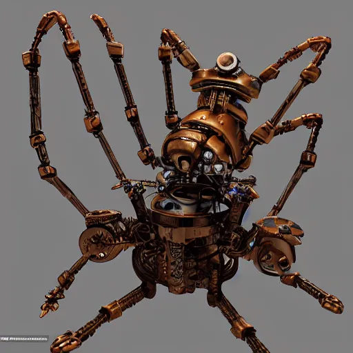 Prompt: 2d game art side view of mechanical steampunk spider, full body view, looking at the side, game character design, articulated joints, detailed, blank background, 8k, octane render, unreal engine