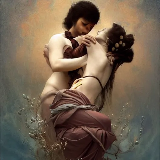 Prompt: both the guy jintu and the girl munmi dies and goes to hell where the god of death grants them a second chance to live on earth for seven days. at the end of one week, they must decide who gets to live. digital artwork by roberto ferri, by tom bagshaw, by j. c. leyendecker and klimt