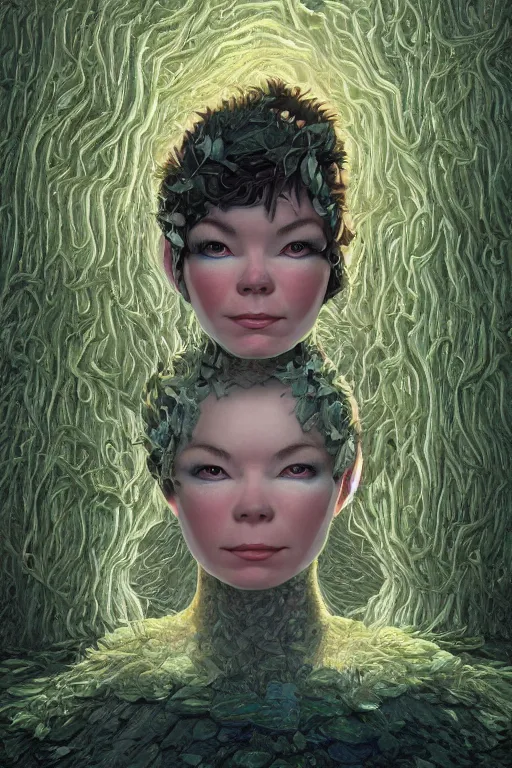 Image similar to bjork portrait by hubert robert and lee madgwick and roger dean and jacek yerka, dan mumford and alex grey style, soft lighting, 4 k hd wallpaper illustration concept joy atmospheric lighting