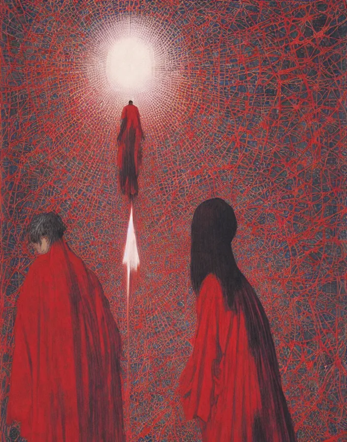 Prompt: worshippers in red robes holding a very large crystal tesseract radiating white light, interior of a small room, glowing crystal tesseract, beksinski painting, part by adrian ghenie and gerhard richter. art by takato yamamoto. masterpiece, deep colours