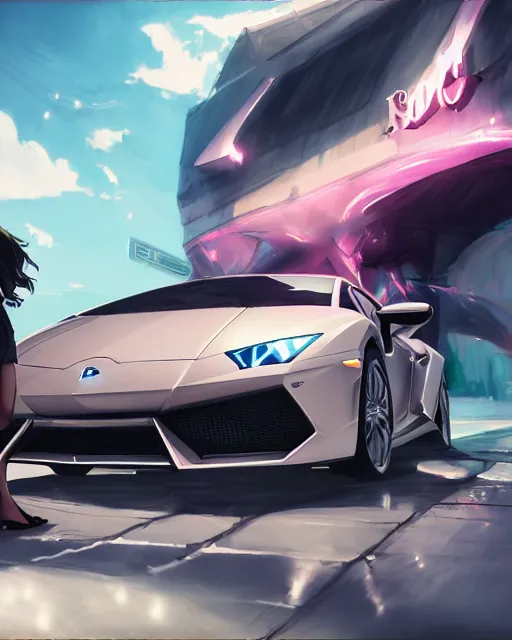 Prompt: a girl joyriding a lamborghini, full shot, atmospheric lighting, detailed face, by makoto shinkai, stanley artgerm lau, wlop, rossdraws