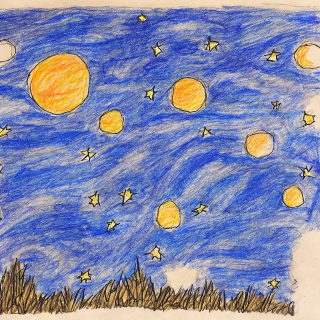 Prompt: a child’s drawing of the night sky