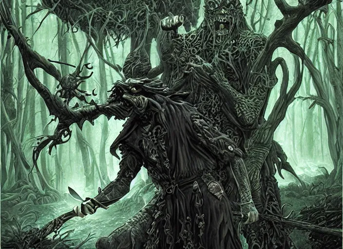 Prompt: protector of the land, a dark nature sorcerer holding a dagger in a swampy forest, detailed digital painting by todd lockwood and wylie beckert