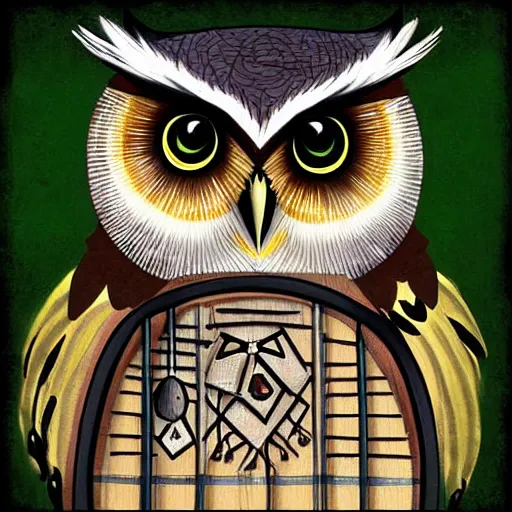 Prompt: owl playing pan flute, digital art