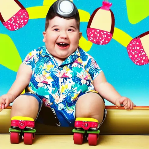 Image similar to happy fat man in a hawaiian shirt and roller skates