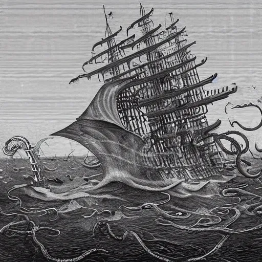 Image similar to an impossibly huge pirate ship, being attacked by a kraken, giant tentacles. 2010s photograph