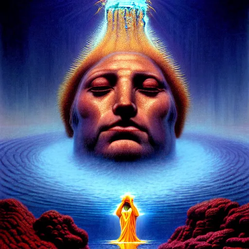 Prompt: cinematic portrait of a god with water pouring out of third eye, intricate, desaturated, Tim Hildebrandt, Wayne Barlowe, Bruce Pennington, donato giancola, larry elmore, maxfield parrish, Moebius, Thomas Ehretsmann, oil on canvas, gouache painting, masterpiece, trending on artstation, cinematic composition, dramatic pose, volumetric lighting, sharp, details, hyper-detailed, HD, 4K, 8K