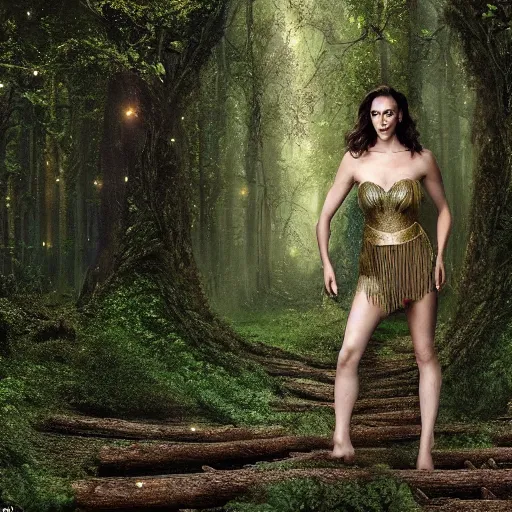 Image similar to Full body photo of the beautiful woman Gal Gadot as a dryad, she has those characteristic sparkling green eyes, she is looking straight to the camera, she has a glow coming from her, she is getting illuminated for rays of light, behind her is an ancient forest full of life, the photo was taking by Annie Leibovitz, Ellie Victoria Gale and Steve McCurry, matte painting, oil painting, naturalism, 4k, 8k