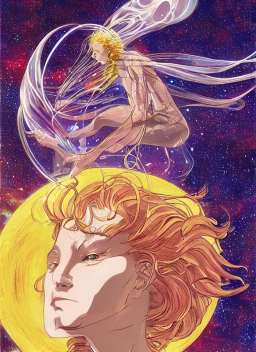 Image similar to a golden woman 2/3 figurative anime portrait, in space, head breaking apart and spiraling geometry into the sky upwards into another dimension, lazer light beaming down to top of her head, by moebius and Yoshitaka amano