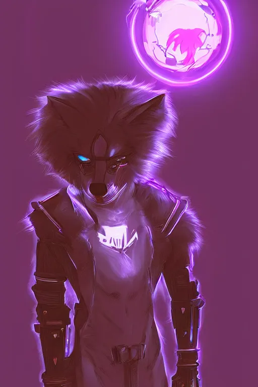 Image similar to a cyberpunk anthropomorphic wolf with a fluffy tail, comic art, trending on furaffinity, cartoon, kawaii, backlighting, furry art!!!, neon, concept art