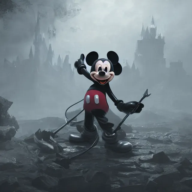 Image similar to mickey mouse reimagined as a boss in dark souls, dark cinematic, volumetric, realistic, cinematic lighting, ray tracing, unreal engine 5, unreal engine render, octane render, hyper realistic, photo, 8 k