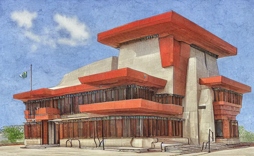 Image similar to police station.By rFrank Lloyd Wright, illustration, digital painting, highly detailded