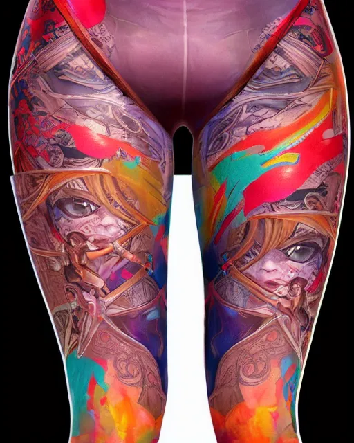 Image similar to Perfect leggings pattern imitating tattoos, focus on colorful pants, completely frontal and 100 percent symmetrical close-up on legs, highly detailed, digital painting, artstation, concept art, smooth, sharp focus, illustration, art by Artgerm and Hajime Sorayama