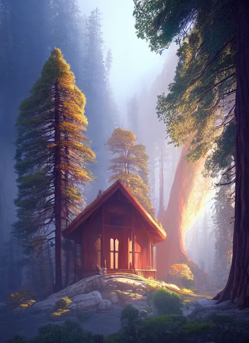 Image similar to random mystic house in sequoia forest incredible, vector art, octane render, fabulous, hyper detailed, random cinematic view, no noise, global illumination, warm lighting, volumetric, godrays, vivid, beautiful, by jordan grimmer