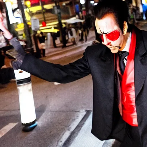 Image similar to nicolas cage as goro majima from yakuza game series on the streets on night tokyo, highly detailed