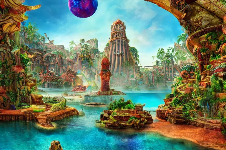 Image similar to lost city of atlantis, hyper realism, colorful, 8 k, realistic, psychedelic