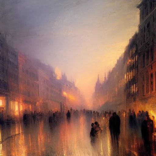 Image similar to highly detailed painting of night streets of belgrade, by william turner, by greg rutkowski, by william constable, thick brush strokes and visible paint layers, 4 k resolution