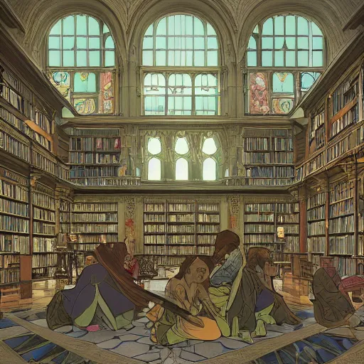 Prompt: A beautiful painting of the interill of library in the Hogwarts,by Alphonse Mucha and Lotulist and Victo Ngai, trending on artstation,Krenz's color scheme,HD, Ultra Wide Angle.