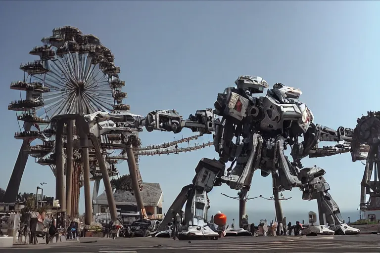 Image similar to cinematography of giant Mech on Santa Monica peer By Emmanuel Lubezki