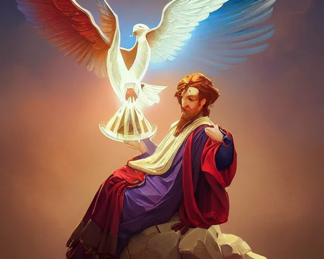 Prompt: the holy spirit as a dove, photography of kurzgesagt, deep focus, d & d, fantasy, intricate, elegant, highly detailed, digital painting, artstation, concept art, matte, sharp focus, illustration, hearthstone, art by artgerm and greg rutkowski and alphonse mucha