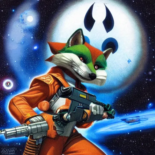 Prompt: a portrait of fox mccloud holding a blaster, anthropomorphic furry art, star fox, by peter elson and greg hildebrandt