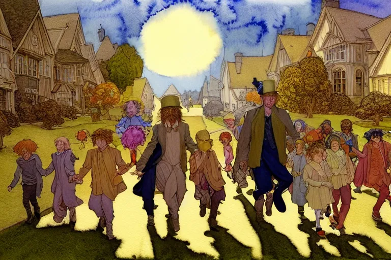 Image similar to a hyperrealist watercolor concept art of the pied piper leading children out of town. an elegant golden ufo is in the sky. very muted colors, by rebecca guay, michael kaluta, charles vess. high detail, hq, wide shot, 4 k