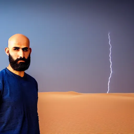 Prompt: real life photo of a Syrian man, bald head, full beard, blue watery eyes, full round face, short smile, serene desert setting, cinematic lightning, medium shot, mid-shot, highly detailed, photorealistic, 80mm, 85mm, cinematic wallpaper